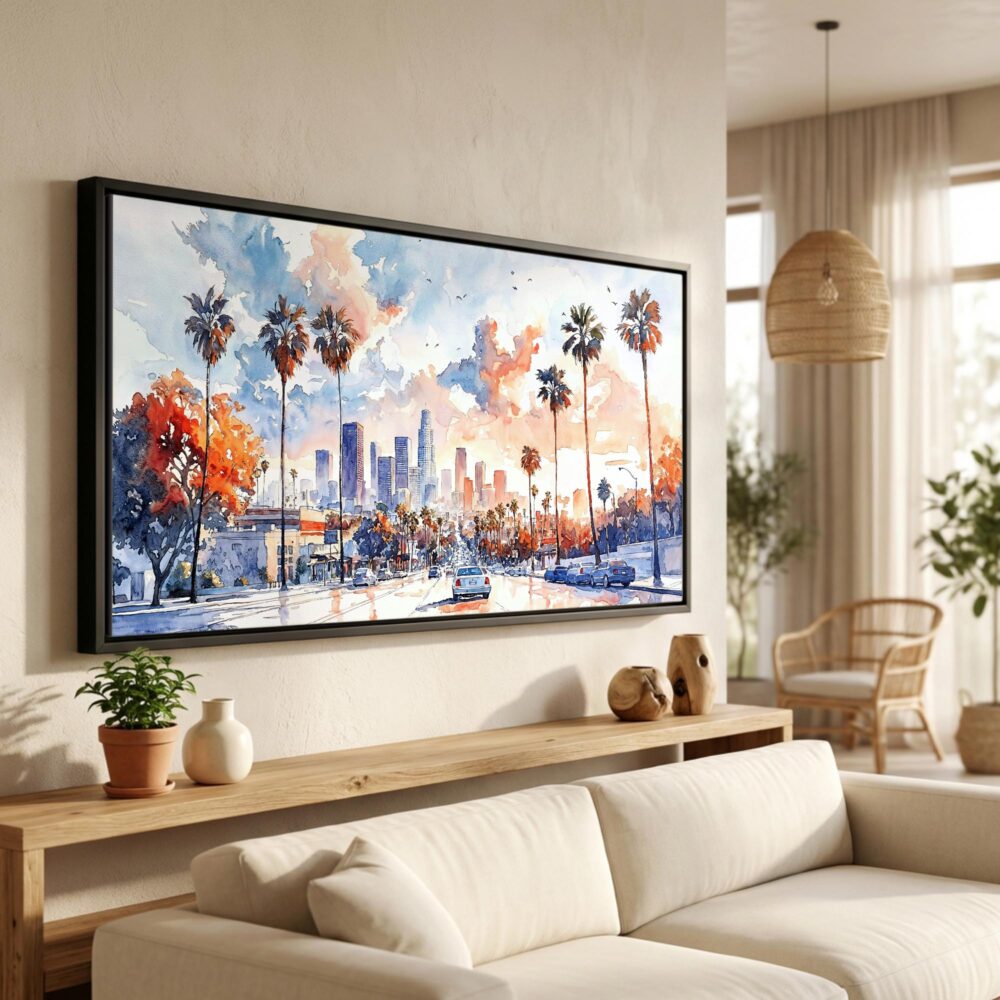01 - Los Angeles Skyline Watercolor - Panorama Canvas Print in Scandi Living Room with Black Floater Frame - Main.jpg 01 - Los Angeles Skyline Watercolor - Panorama Canvas Print in Scandi Living Room with Black Floater Frame - Main.jpg