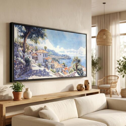 01 - Madeira Portugal Watercolor - Panorama Canvas Print in Scandi Living Room with Black Floater Frame - Main.jpg