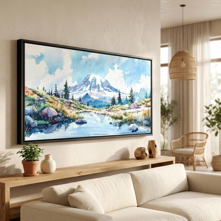 01 - Mount Rainier Panorama Watercolor Canvas Print in Scandi Living Room with Black Floater Frame - Main.jpg