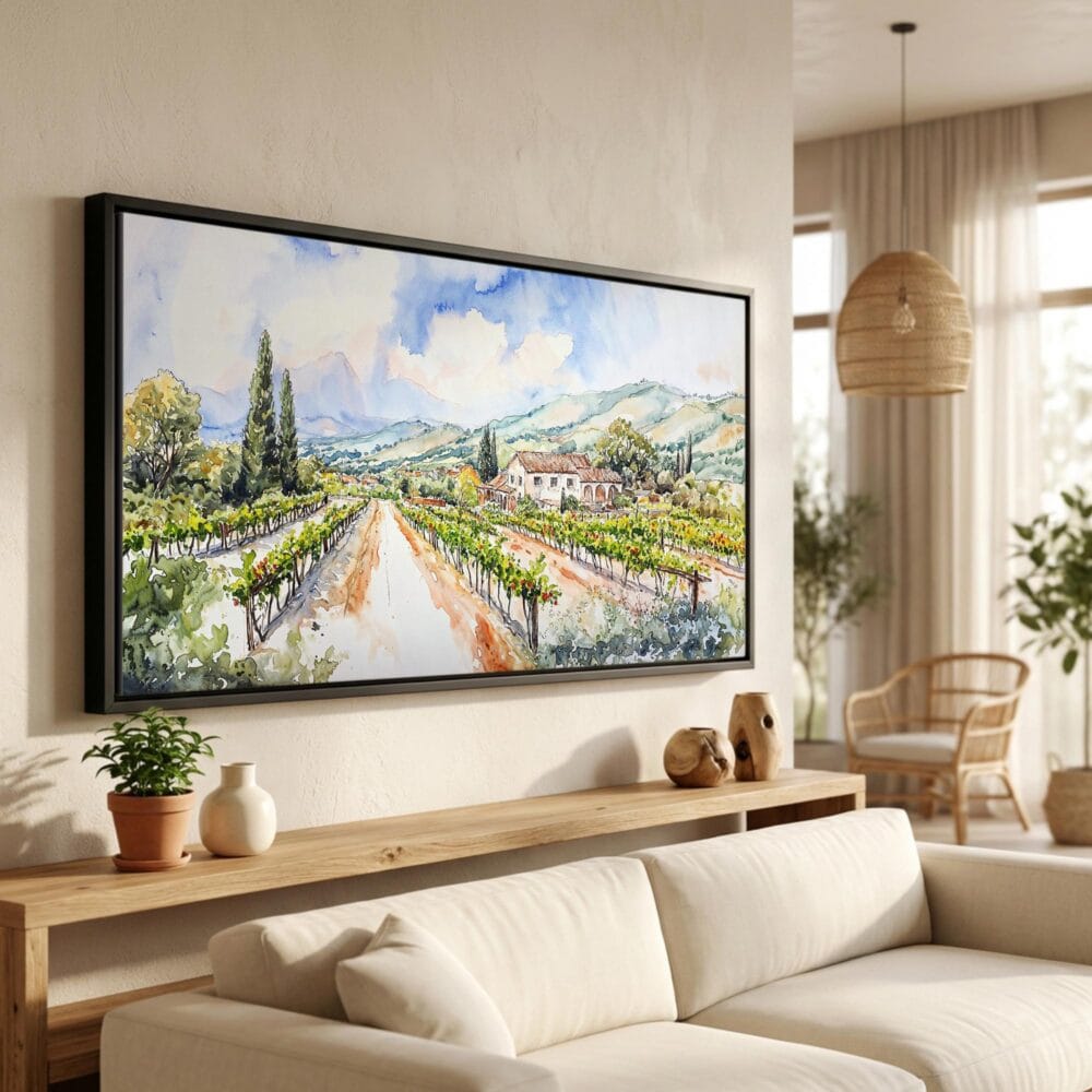 01 - Napa Valley California Watercolor - Panorama Canvas Print in Scandi Living Room with Black Floater Frame - Main.jpg