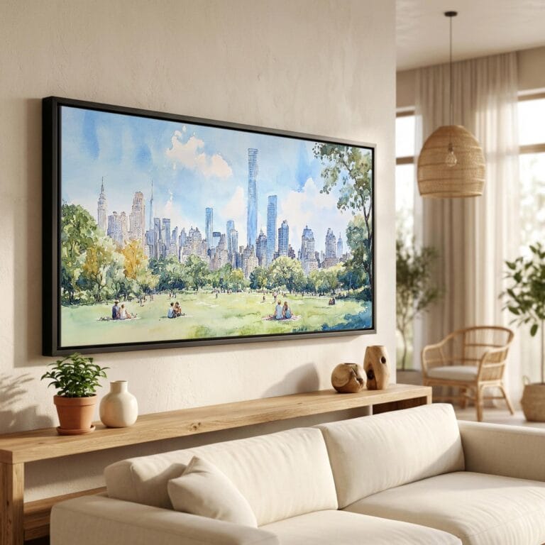 01 - New York Central Park Watercolor - Panorama Canvas Print in Scandi Living Room with Black Floater Frame - Main.jpg