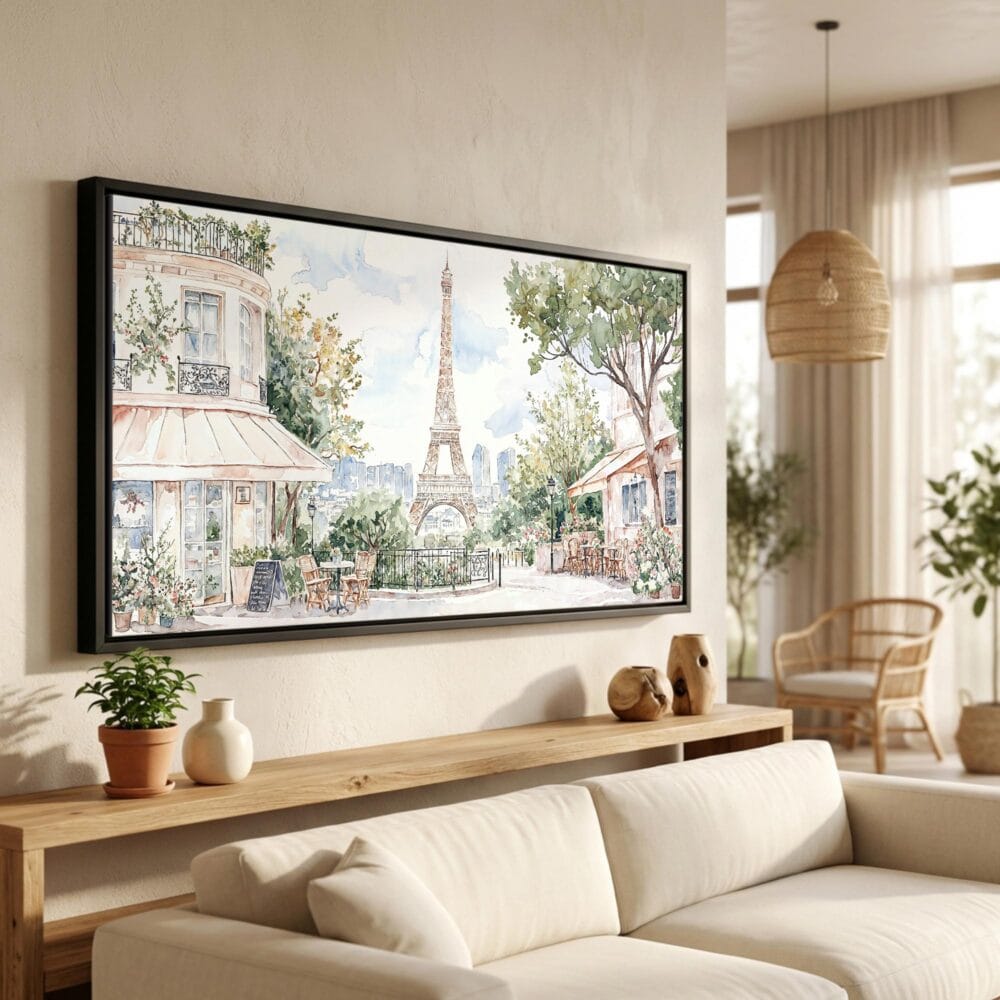 01 - Paris Cafe Watercolor - Panorama Canvas Print in Scandi Living Room with Black Floater Frame - Main.jpg 01 - Paris Cafe Watercolor - Panorama Canvas Print in Scandi Living Room with Black Floater Frame - Main.jpg