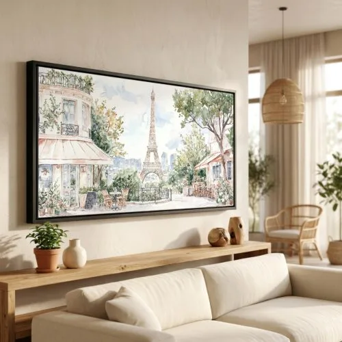 01 - Paris Cafe Watercolor - Panorama Canvas Print in Scandi Living Room with Black Floater Frame - Main.jpg