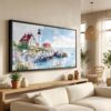 01 - Portland Maine Lighthouse Watercolor - Panorama Canvas Print in Scandi Living Room with Black Floater Frame - Main.jpg