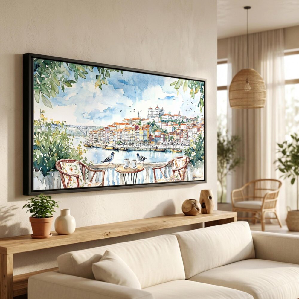 01 - Porto Balcony Watercolor - Panorama Canvas Print in Scandi Living Room with Black Floater Frame - Main.jpg