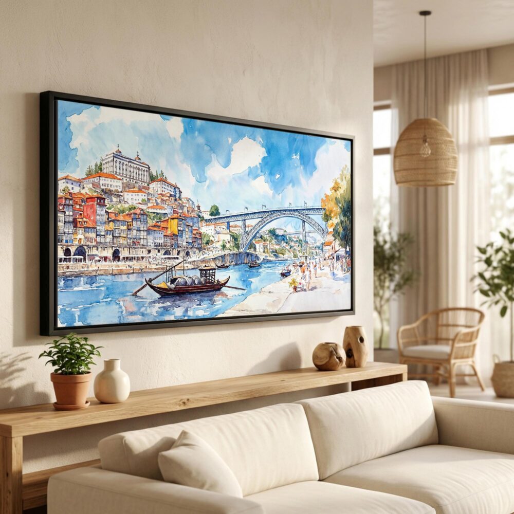 01 - Porto Ribeira Watercolor - Panorama Canvas Print in Scandi Living Room with Black Floater Frame - Main.jpg 01 - Porto Ribeira Watercolor - Panorama Canvas Print in Scandi Living Room with Black Floater Frame - Main.jpg