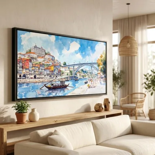 01 - Porto Ribeira Watercolor - Panorama Canvas Print in Scandi Living Room with Black Floater Frame - Main.jpg