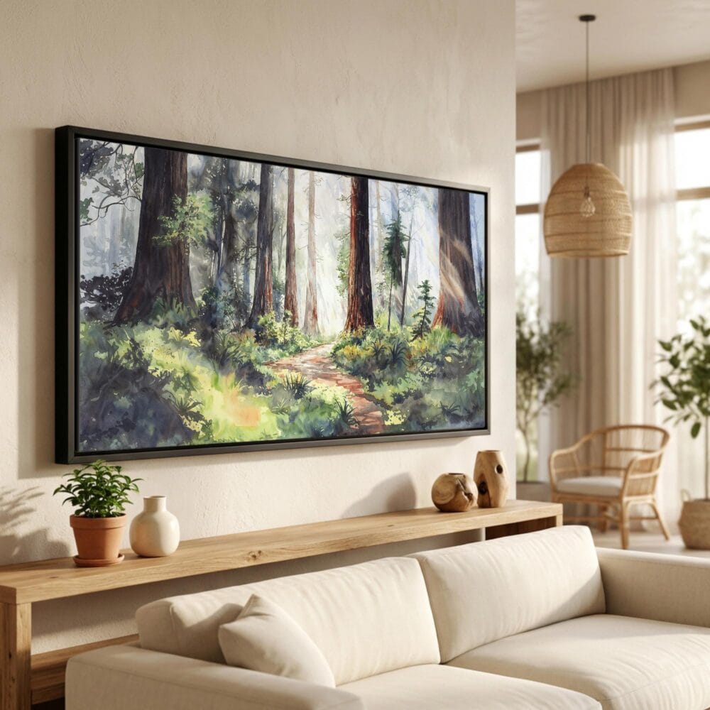 01 - Redwood National Park Watercolor - Panorama Canvas Print in Scandi Living Room with Black Floater Frame - Main.jpg 01 - Redwood National Park Watercolor - Panorama Canvas Print in Scandi Living Room with Black Floater Frame - Main.jpg