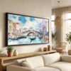 01 - Rialto Bridge Venice Watercolor - Panorama Canvas Print in Scandi Living Room with Black Floater Frame - Main.jpg