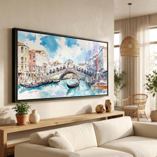 01 - Rialto Bridge Venice Watercolor - Panorama Canvas Print in Scandi Living Room with Black Floater Frame - Main.jpg