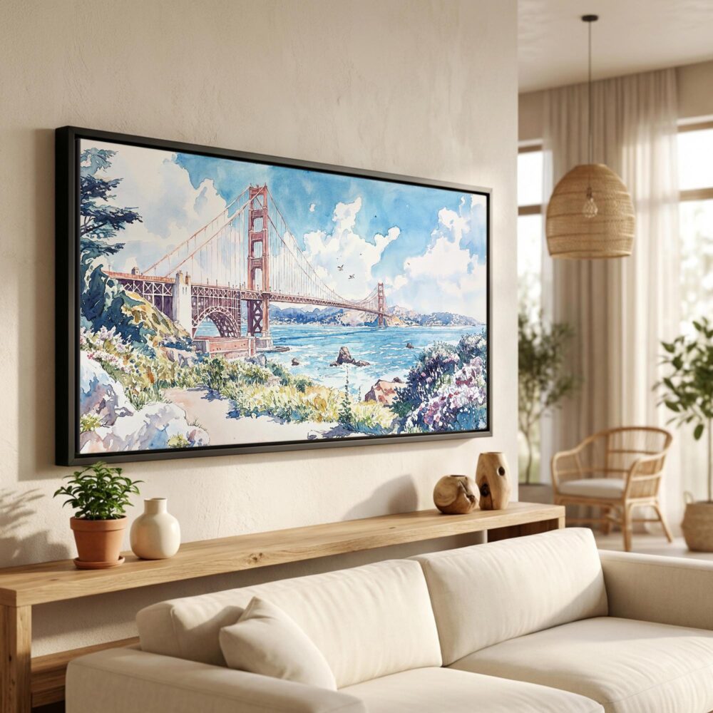 01 - SF Golden Gate Bridge Watercolor - Panorama Canvas Print in Scandi Living Room with Black Floater Frame - Main.jpg