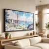 01 - SF Golden Gate Bridge Watercolor - Panorama Canvas Print in Scandi Living Room with Black Floater Frame - Main.jpg
