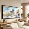 01 - Sagrada Familia Barcelona Watercolor - Panorama Canvas Print in Scandi Living Room with Black Floater Frame - Main.jpg