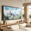 01 - Seattle Watercolor - Panorama Canvas Print in Scandi Living Room with Black Floater Frame - Main.jpg