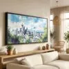 01 - Seattle Watercolor - Panorama Canvas Print in Scandi Living Room with Black Floater Frame - Main.jpg