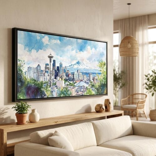 01 - Seattle Watercolor - Panorama Canvas Print in Scandi Living Room with Black Floater Frame - Main.jpg