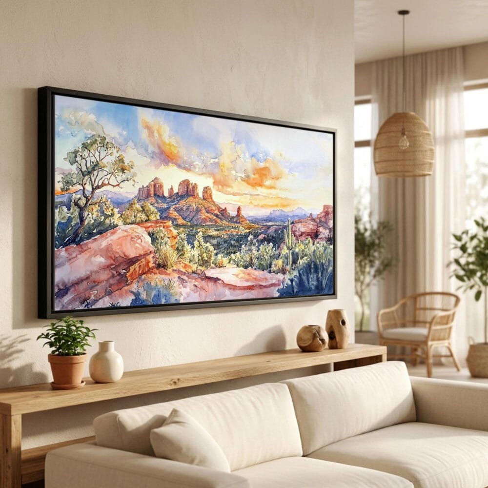 01 - Sedona Arizona Watercolor - Panorama Canvas Print in Scandi Living Room with Black Floater Frame - Main.jpg