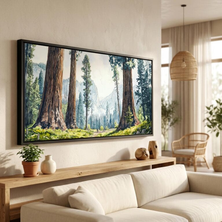 01 - Sequoia National Park Panorama Watercolor Canvas Print in Scandi Living Room with Black Floater Frame - Main.jpg