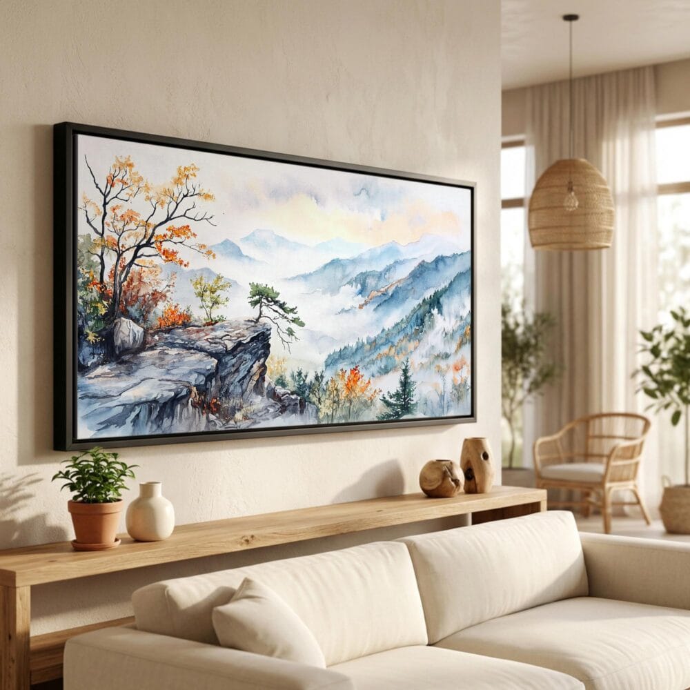 01 - Shenandoah National park Panorama Watercolor Canvas Print in Scandi Living Room with Black Floater Frame - Main.jpg