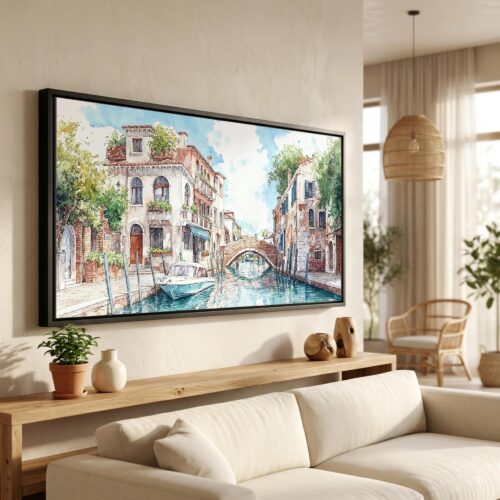 01 - Venice Canal Watercolor - Panorama Canvas Print in Scandi Living Room with Black Floater Frame - Main.jpg