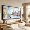 01 - Venice Italy Watercolor - Panorama Canvas Print in Scandi Living Room with Black Floater Frame - Main.jpg