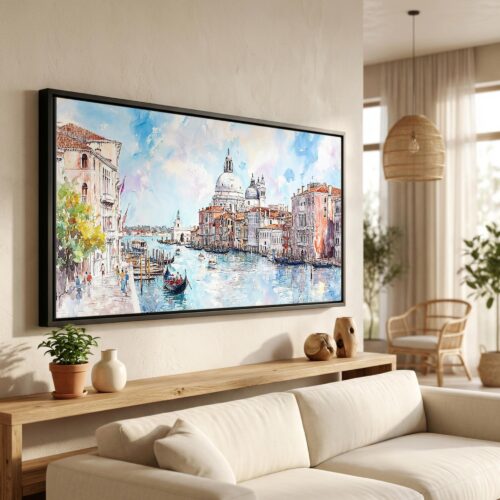 01 - Venice Italy Watercolor - Panorama Canvas Print in Scandi Living Room with Black Floater Frame - Main.jpg