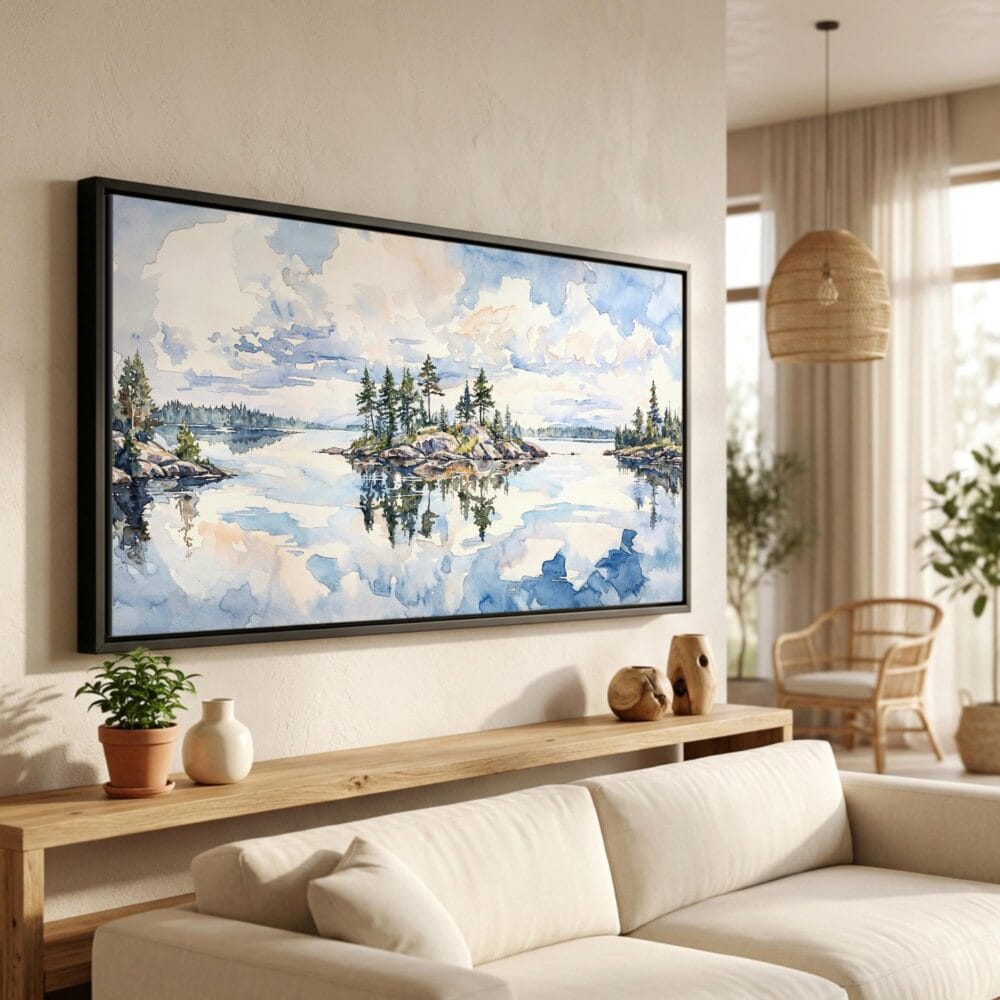 01 - Voyageurs National Park Watercolor - Panorama Canvas Print in Scandi Living Room with Black Floater Frame - Main.jpg