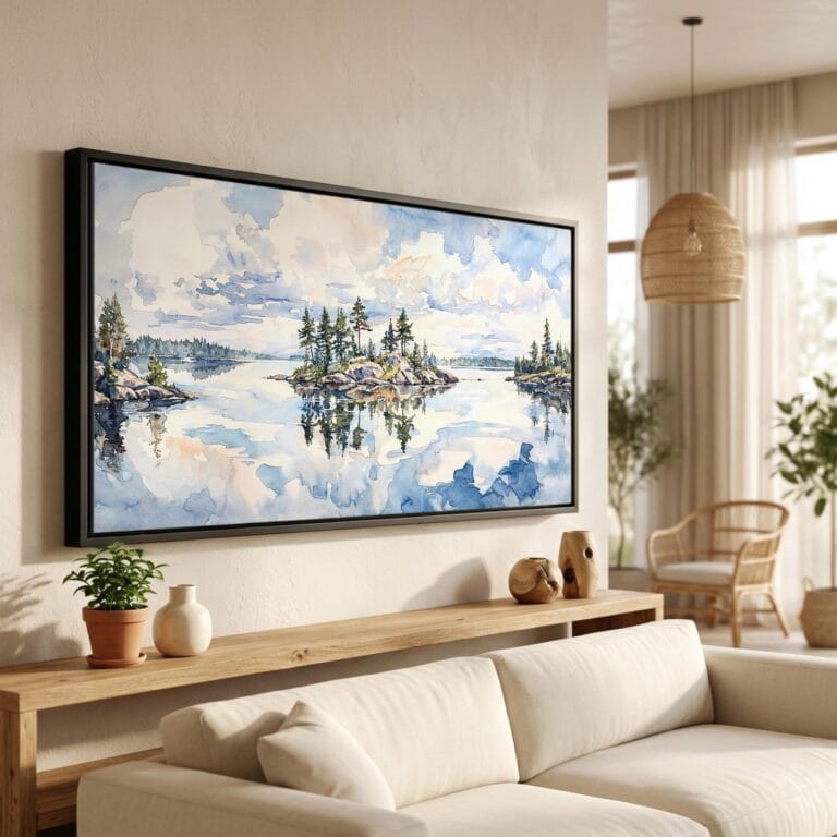 01 - Voyageurs National Park Watercolor - Panorama Canvas Print in Scandi Living Room with Black Floater Frame - Main.jpg