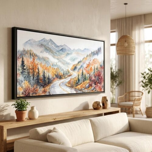01 - White Mountains New Hempshire Watercolor - Panorama Canvas Print in Scandi Living Room with Black Floater Frame - Main.jpg
