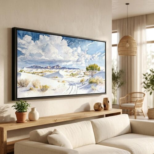 01 - White Sands National Park Panorama Watercolor Canvas Print in Scandi Living Room with Black Floater Frame - Main.jpg