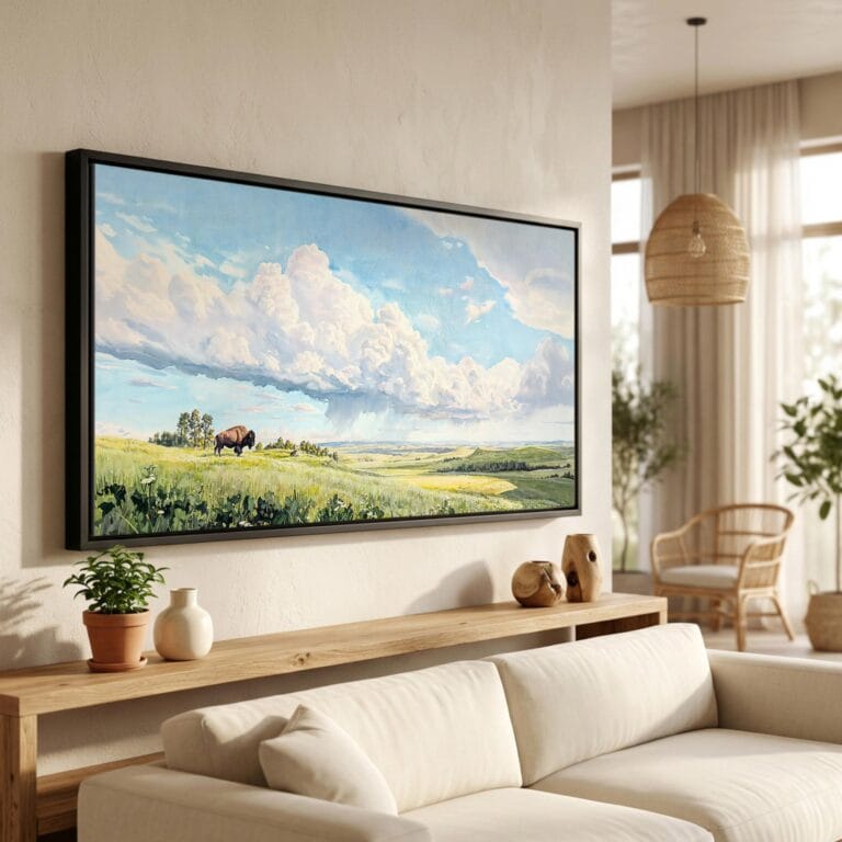 01 - Wind Cave National Park Panorama Watercolor Canvas Print in Scandi Living Room with Black Floater Frame - Main.jpg