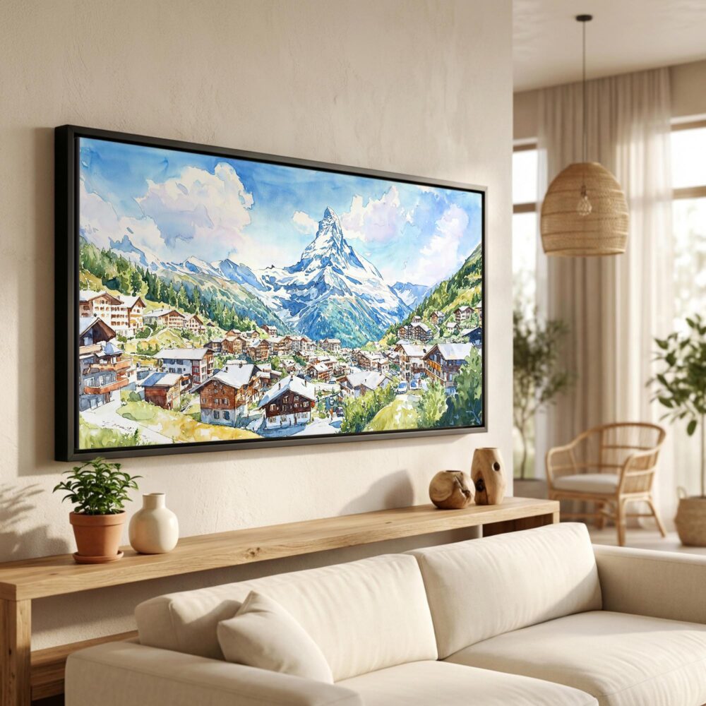 01 - Zermatt Switzerland Watercolor - Panorama Canvas Print in Scandi Living Room with Black Floater Frame - Main.jpg