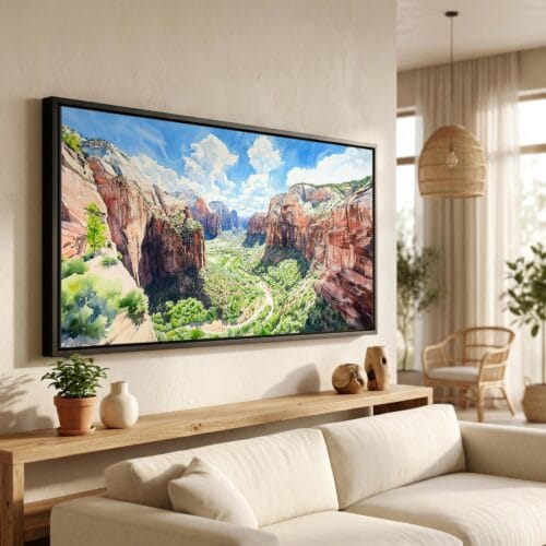 01 - Zion National Park Panorama Watercolor Canvas Print in Scandi Living Room with Black Floater Frame - Main.jpg