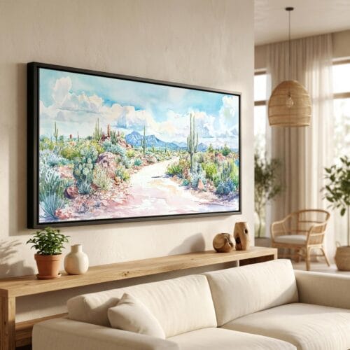 01 - saguaro national park Panorama Watercolor Canvas Print in Scandi Living Room with Black Floater Frame - Main.jpg
