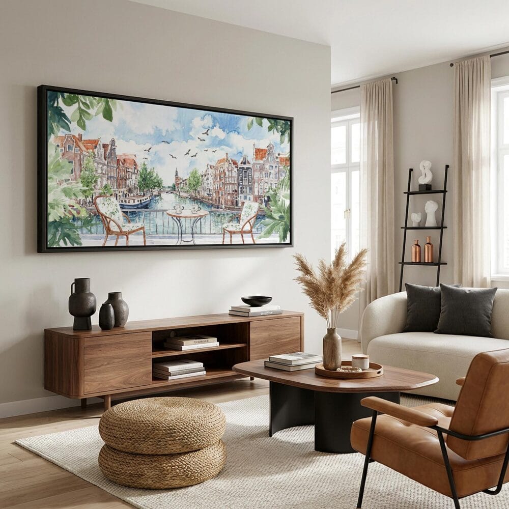 02 - Amsterdam Balcony View Watercolor - Panorama Canvas Print with Black Floater Frame - Mid Century Room.jpg 02 - Amsterdam Balcony View Watercolor - Panorama Canvas Print with Black Floater Frame - Mid Century Room.jpg