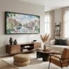 02 - Amsterdam Balcony View Watercolor - Panorama Canvas Print with Black Floater Frame - Mid Century Room.jpg