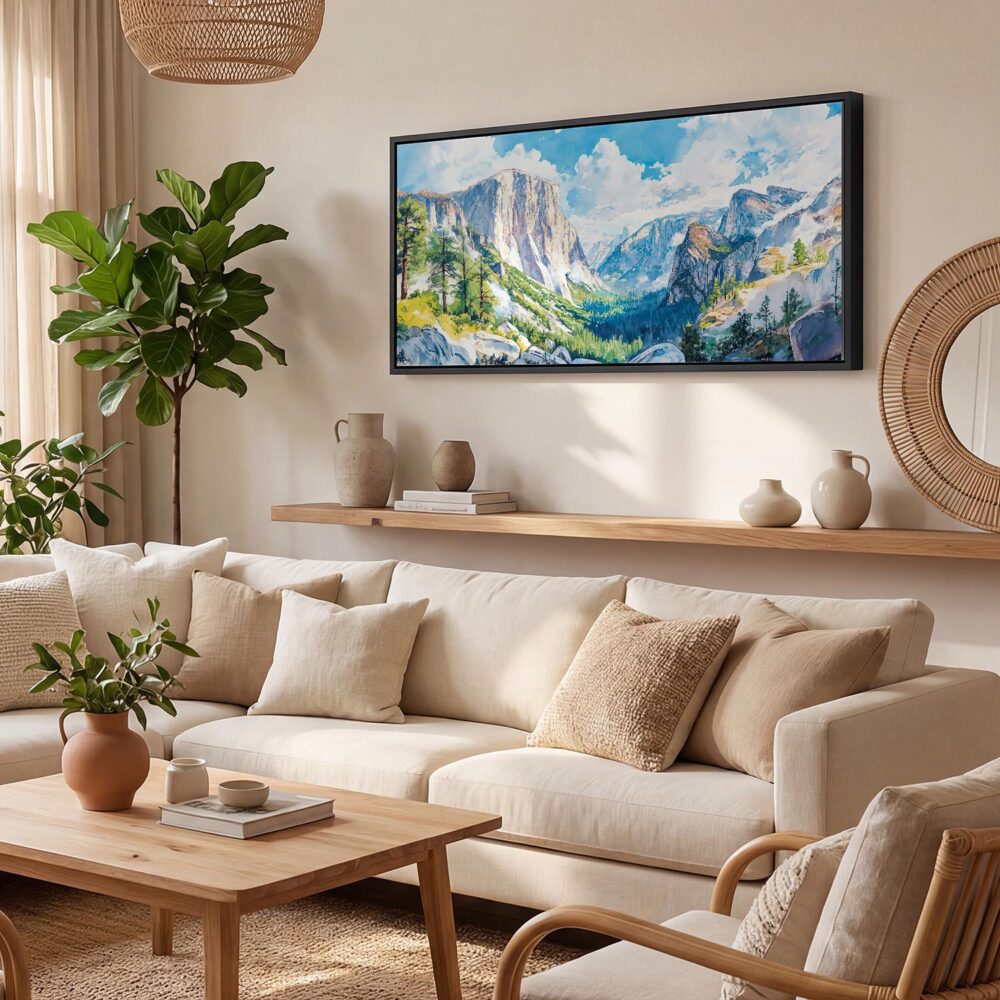 02 - El Capitan Yosemite National Park Panorama Watercolor Canvas Print with Black Floater Frame - Boho Room.jpg 02 - El Capitan Yosemite National Park Panorama Watercolor Canvas Print with Black Floater Frame - Boho Room.jpg