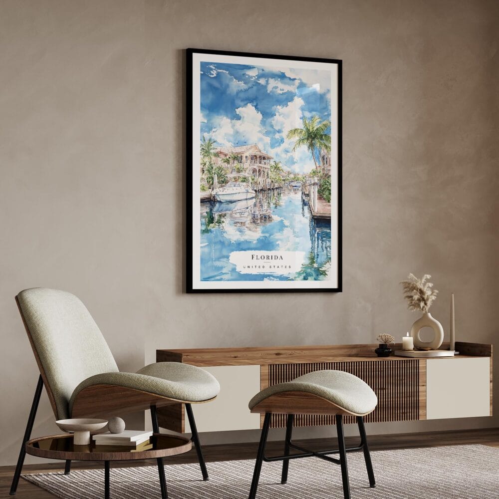 02 - Florida Watercolor Art Print with Black Frame in Japandi Living Room.jpg 02 - Florida Watercolor Art Print with Black Frame in Japandi Living Room.jpg