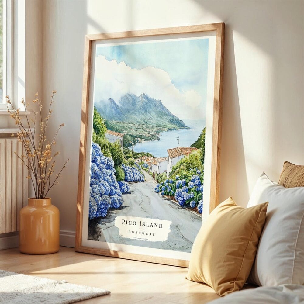 02 - Frame Pico Island Portugal Watercolor art print leaning against wall on floor.jpg 02 - Frame Pico Island Portugal Watercolor art print leaning against wall on floor.jpg