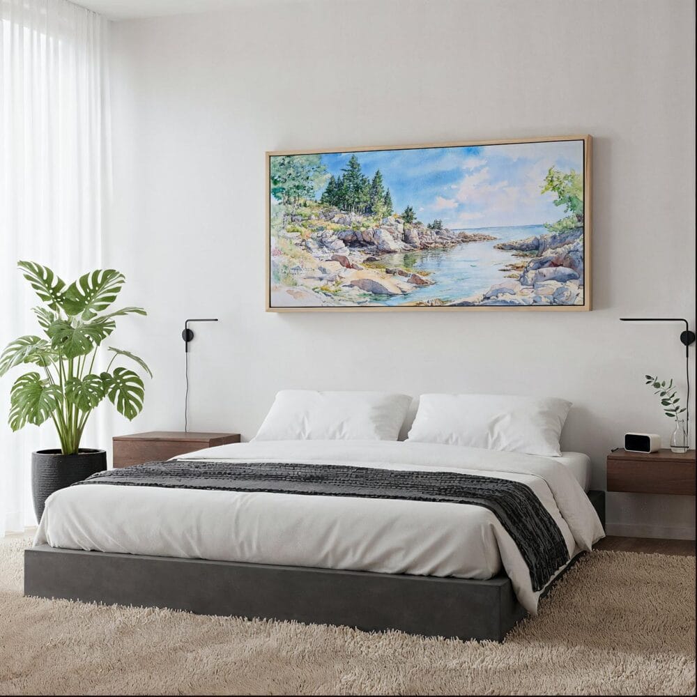 02 - Framed Acadia National Park Panorama Watercolor Canvas Print - Woman in contemporary Bed Room.jpg 02 - Framed Acadia National Park Panorama Watercolor Canvas Print - Woman in contemporary Bed Room.jpg