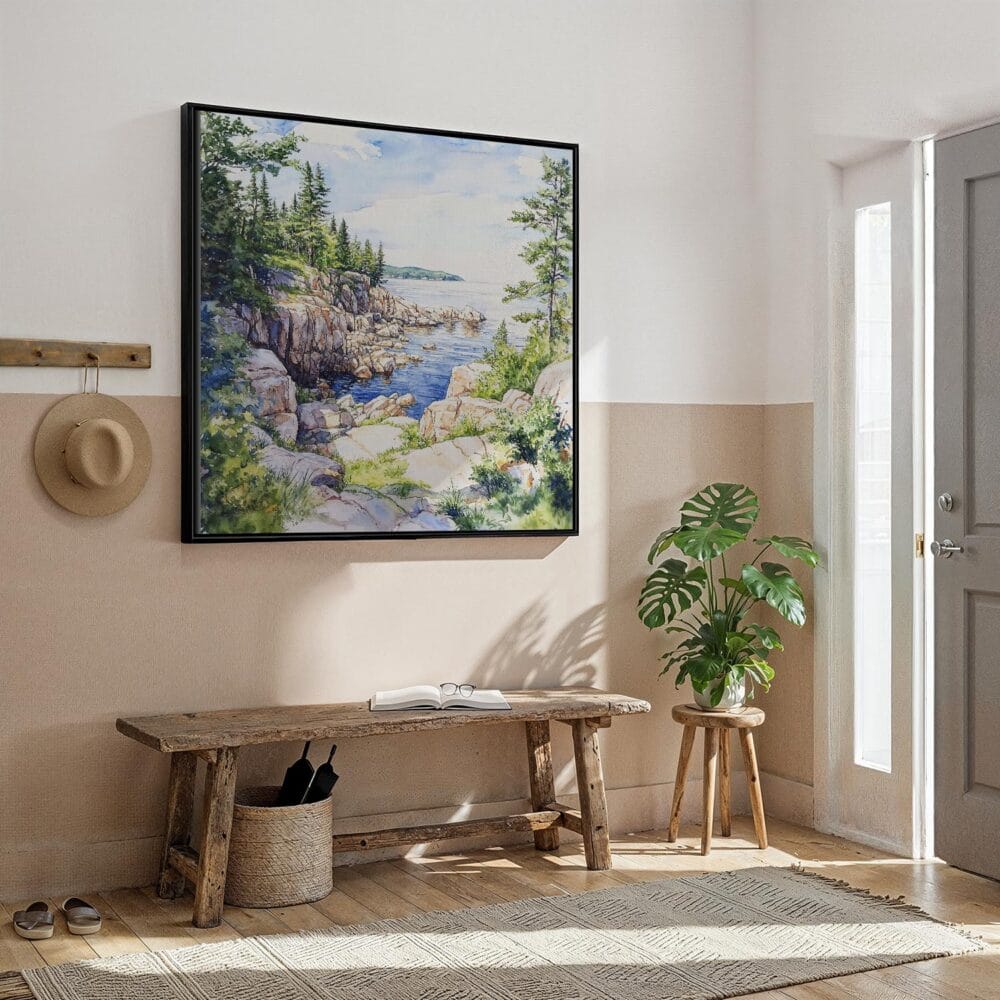 02 - Framed Acadia National Park Watercolor Style - Square Canvas Print - Hallway.jpg 02 - Framed Acadia National Park Watercolor Style - Square Canvas Print - Hallway.jpg