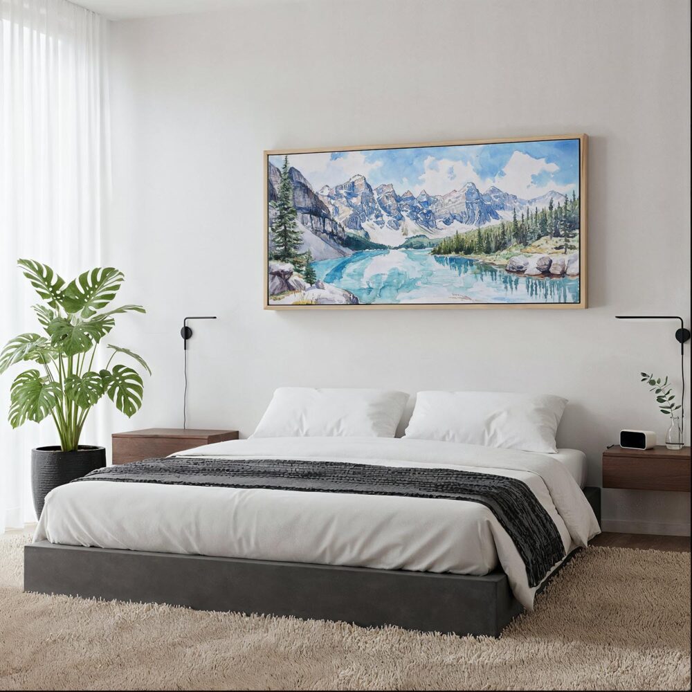 02 - Framed Banff National Park Watercolor - Panorama Canvas Print - Woman in contemporary Bed Room.jpg 02 - Framed Banff National Park Watercolor - Panorama Canvas Print - Woman in contemporary Bed Room.jpg