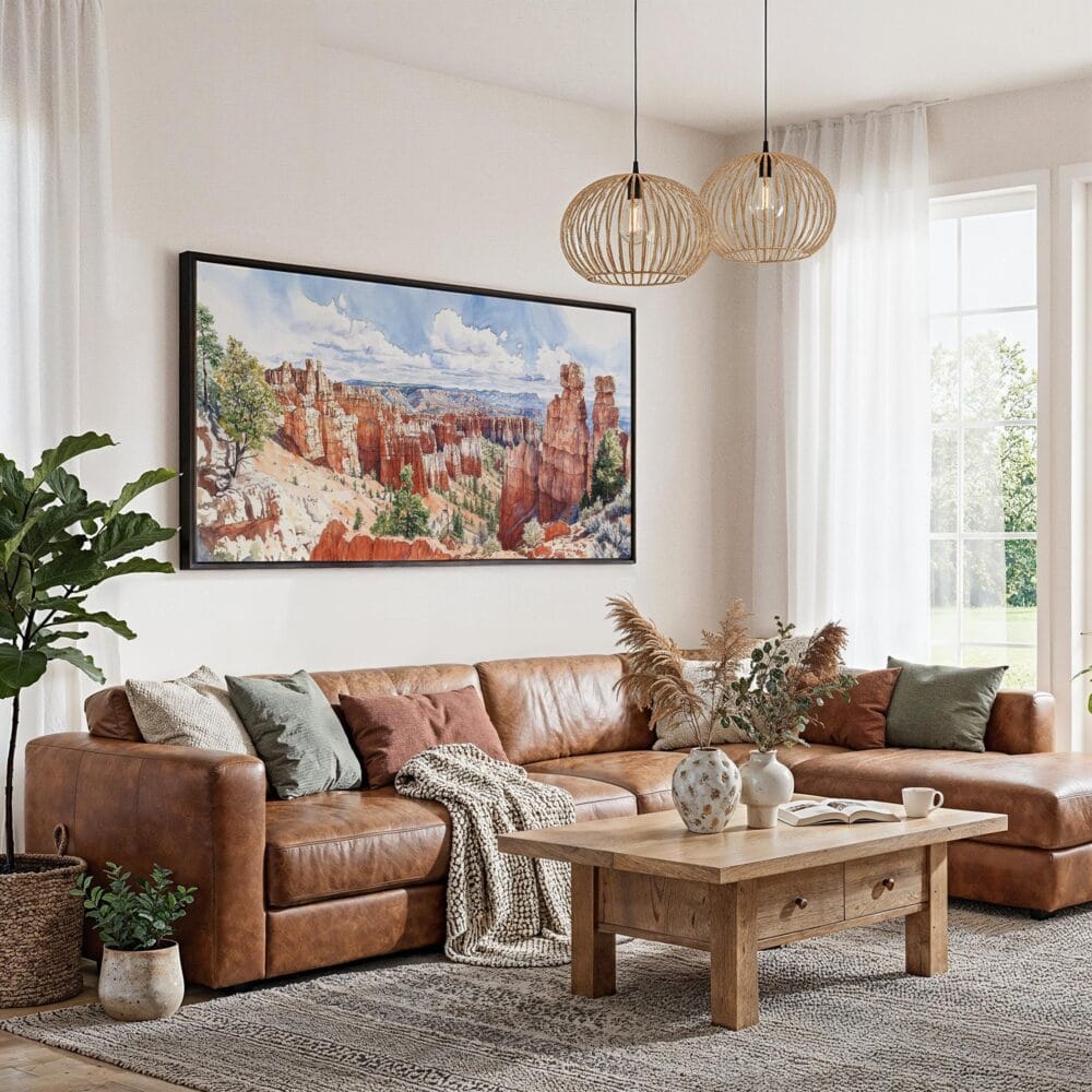 02 - Framed Bryce Canyon National Park Watercolor - Panorama Canvas Print - Living Room.jpg 02 - Framed Bryce Canyon National Park Watercolor - Panorama Canvas Print - Living Room.jpg