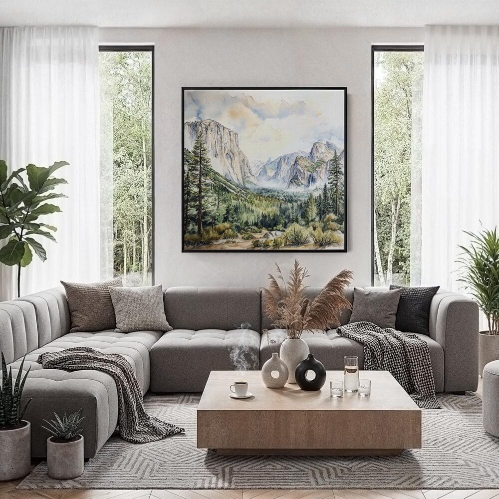 02 - Framed El Capitan in Yosemite National Park Watercolor Style - Square Canvas Print - Contemporary Living Room.jpg 02 - Framed El Capitan in Yosemite National Park Watercolor Style - Square Canvas Print - Contemporary Living Room.jpg