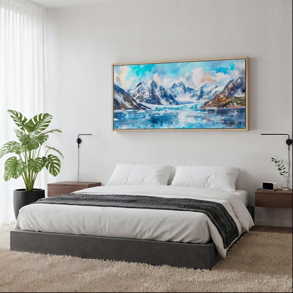 02 - Framed Glacier Bay National Park Panorama Watercolor Canvas Print - Woman in contemporary Bed Room.jpg 02 - Framed Glacier Bay National Park Panorama Watercolor Canvas Print - Woman in contemporary Bed Room.jpg