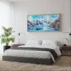 02 - Framed Glacier Bay National Park Panorama Watercolor Canvas Print - Woman in contemporary Bed Room.jpg