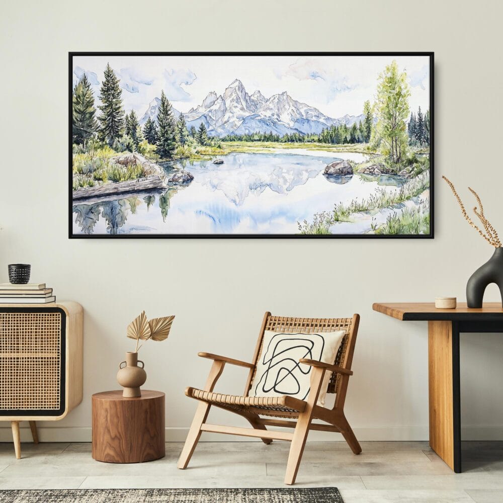 02 - Framed Grand Teton National Park Watercolor - Panorama Canvas Print - Boho Chair.jpg 02 - Framed Grand Teton National Park Watercolor - Panorama Canvas Print - Boho Chair.jpg