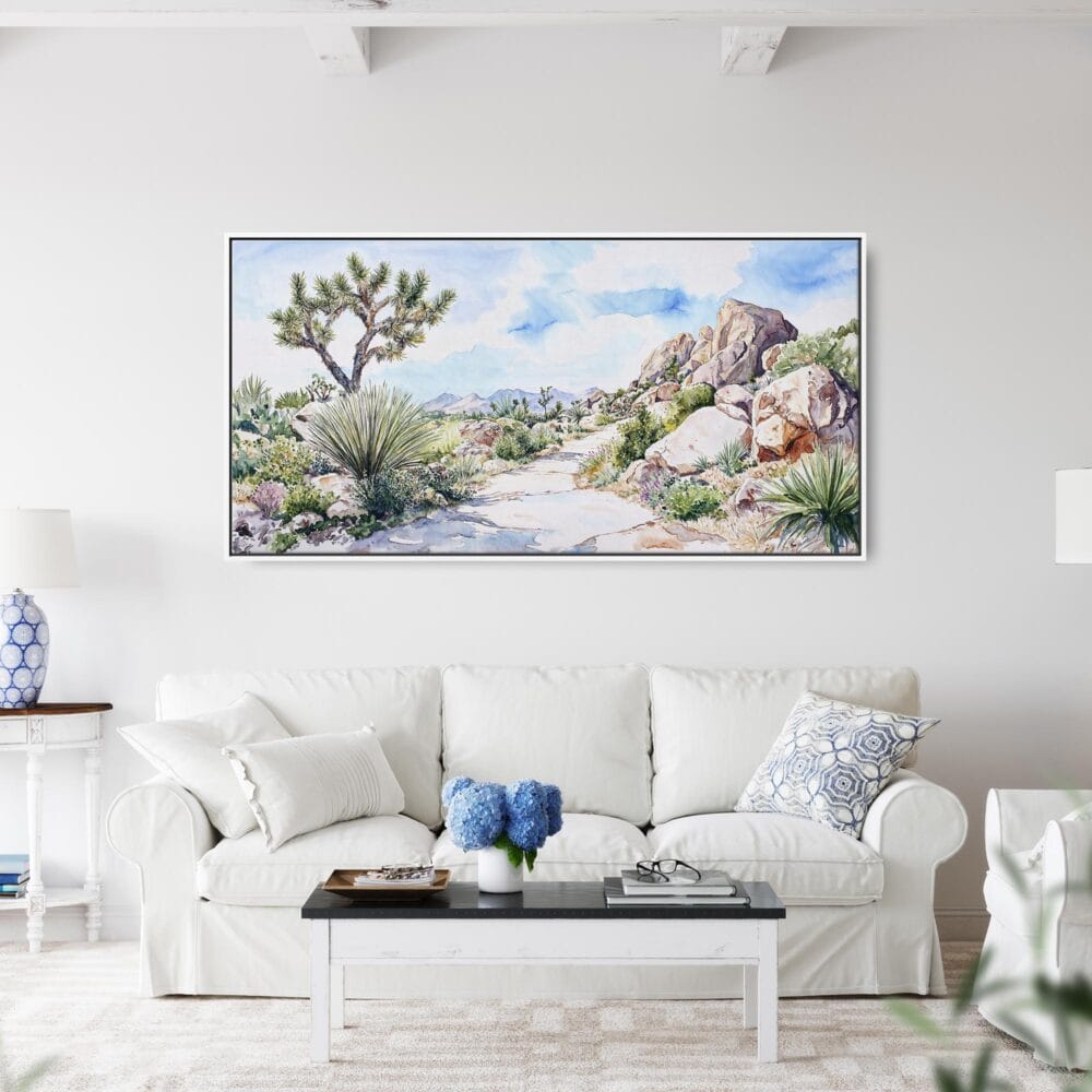 02 - Framed Joshua Tree National Park Watercolor - Panorama Canvas Print - Coastal Living Room.jpg 02 - Framed Joshua Tree National Park Watercolor - Panorama Canvas Print - Coastal Living Room.jpg