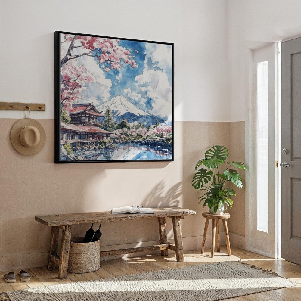 02 - Framed Mount Fuji Japan Square Watercolor Canvas Print - Hallway.jpg 02 - Framed Mount Fuji Japan Square Watercolor Canvas Print - Hallway.jpg