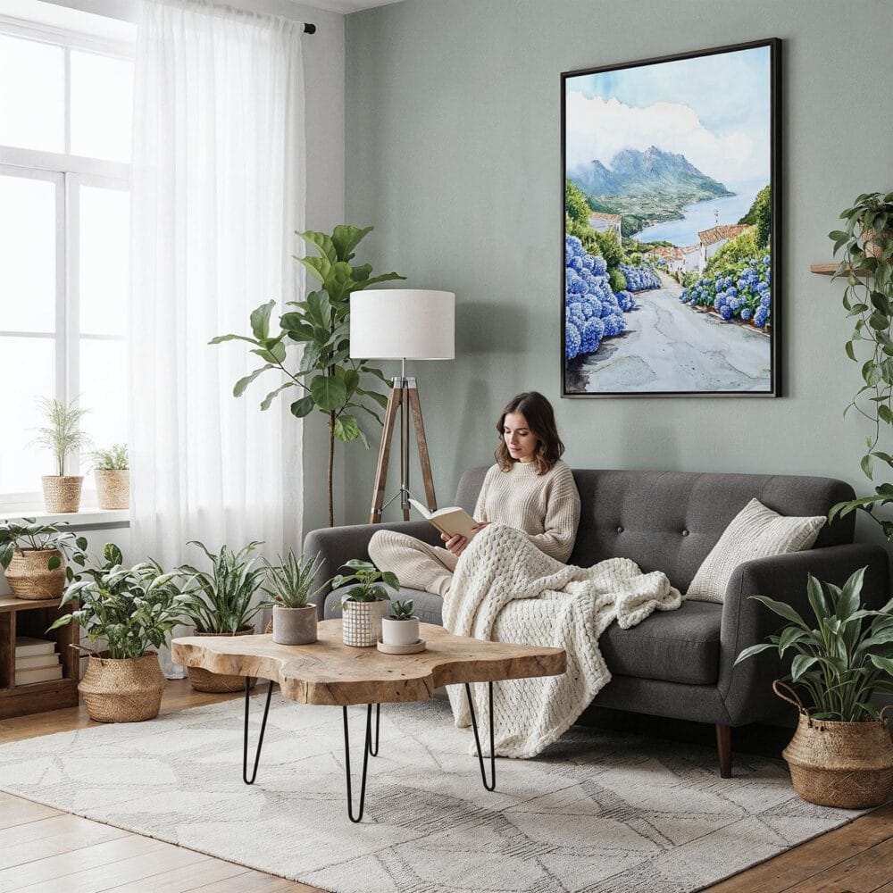 02 - Framed Pico Island Portugal Watercolor Canvas Print - Woman reading in Boho Living Room - Vertical.jpg 02 - Framed Pico Island Portugal Watercolor Canvas Print - Woman reading in Boho Living Room - Vertical.jpg